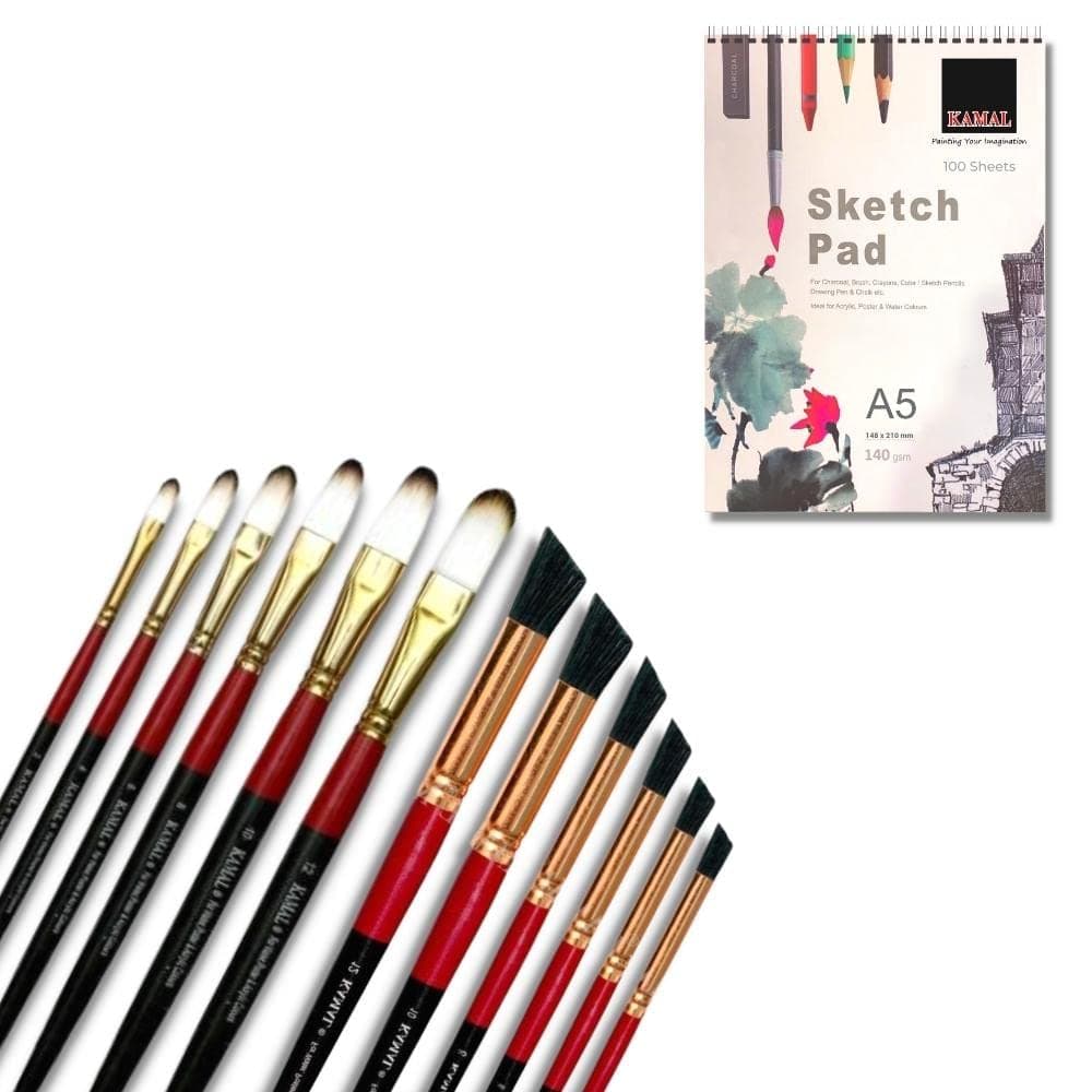Deerfoot Brush Set — 6 pcs · Combo · White-Brown with Sketch Pad
