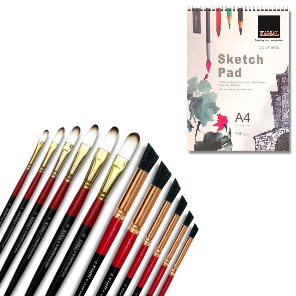 Deerfoot Brush Set — 6 pcs · Combo · White-Brown with Sketch Pad