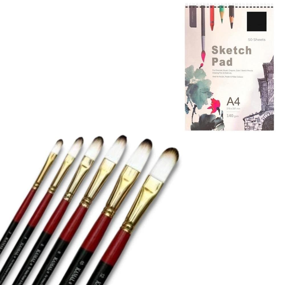 Filbert Brush Set — 6 pcs · Combo · Synthetic with Sketch Pad