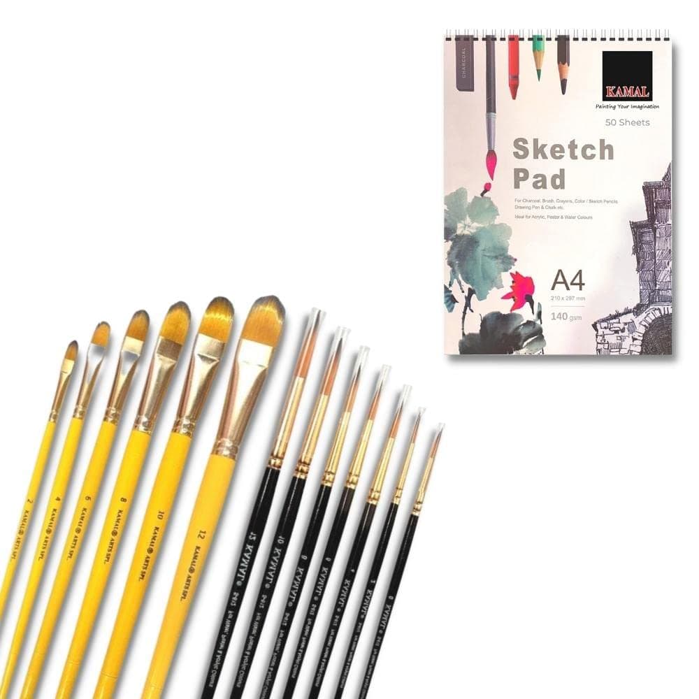 Filbert Brush Set — 7 pcs · Combo · Golden-Black with Sketch Pad
