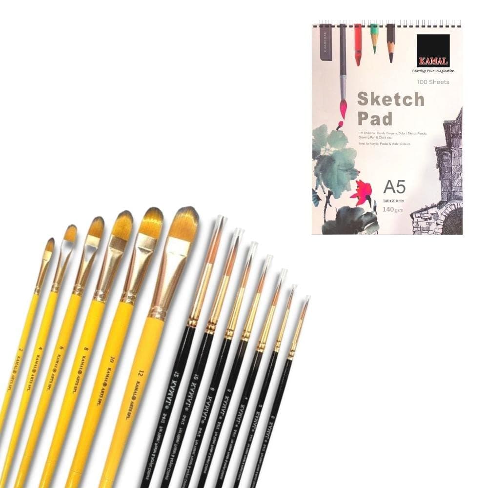 Filbert Brush Set — 7 pcs · Combo · Golden-Black with Sketch Pad