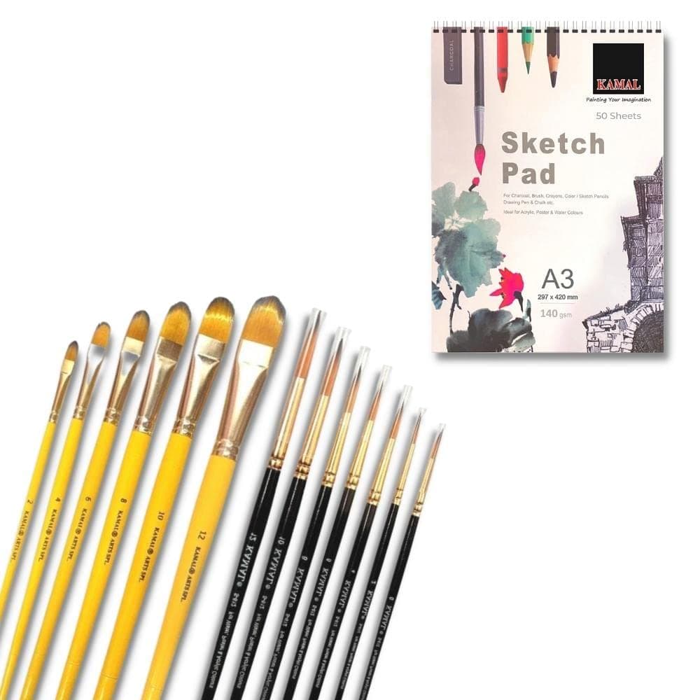 Filbert Brush Set — 7 pcs · Combo · Golden-Black with Sketch Pad