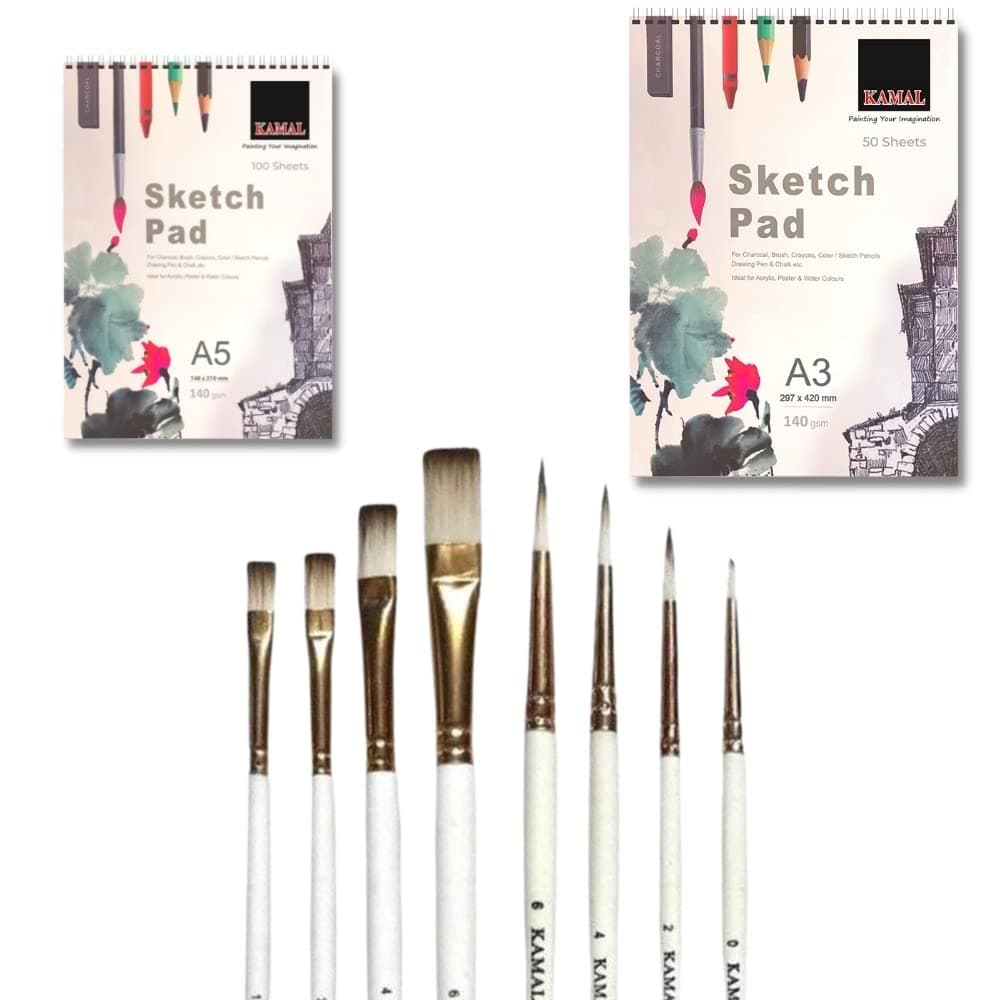 Flat Brush Set — 2 pcs · Combo · White-Brown with Sketch Pad