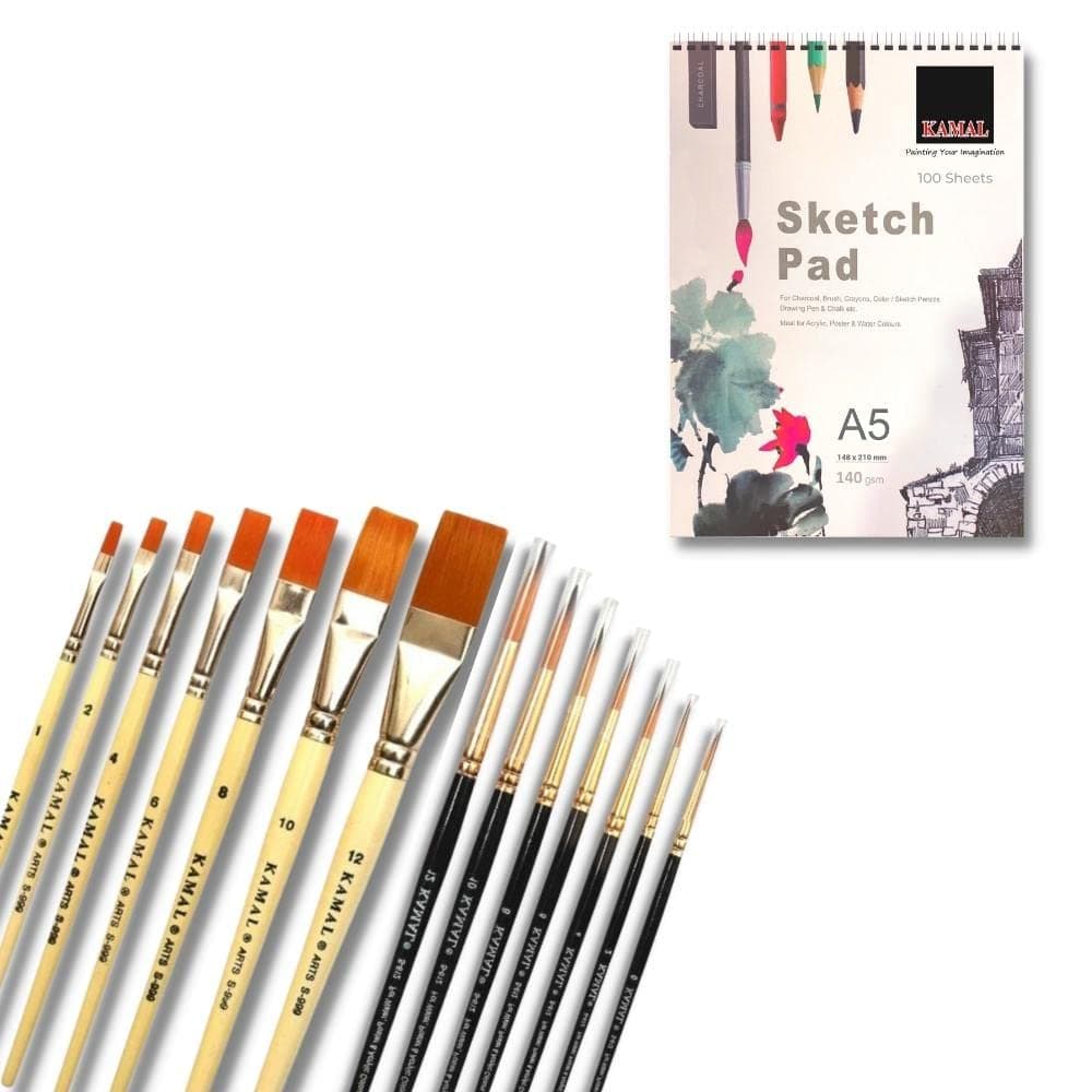 Flat Brush Set — 7 pcs · Combo · Golden-Black with Sketch Pad