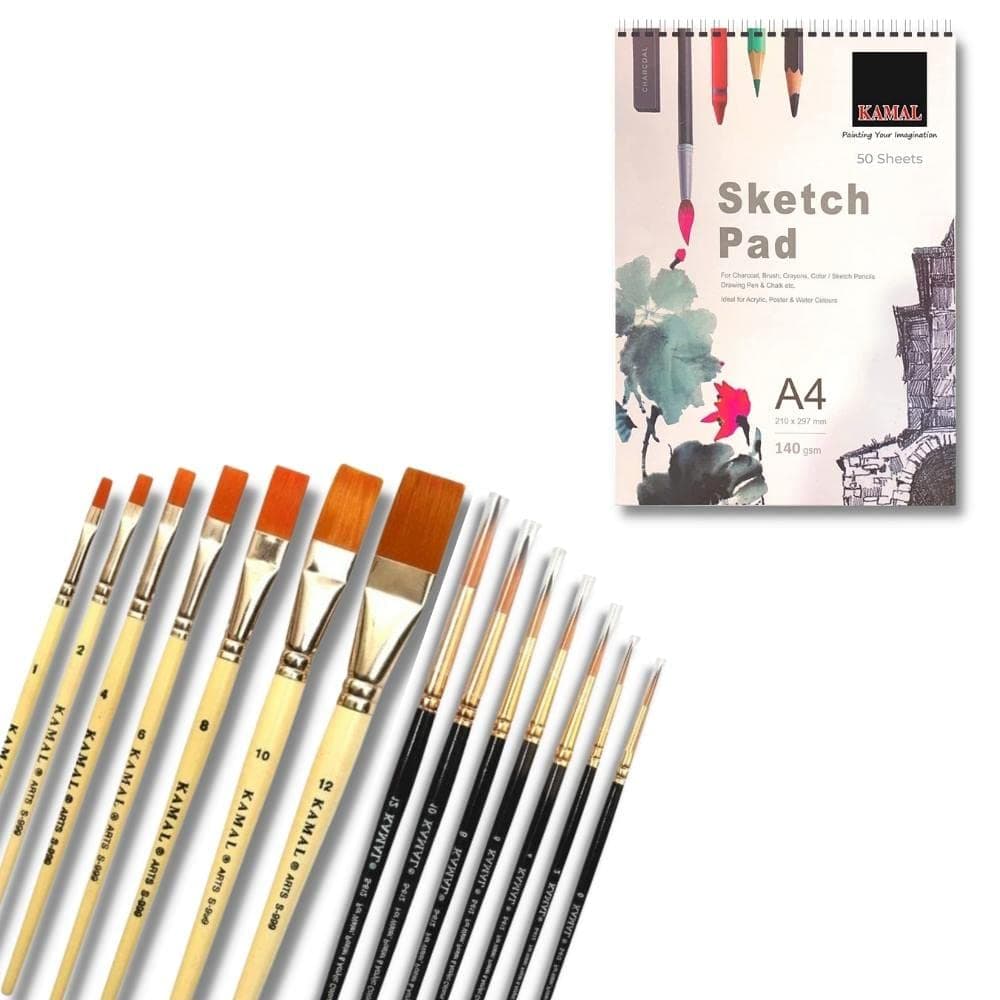 Flat Brush Set — 7 pcs · Combo · Golden-Black with Sketch Pad