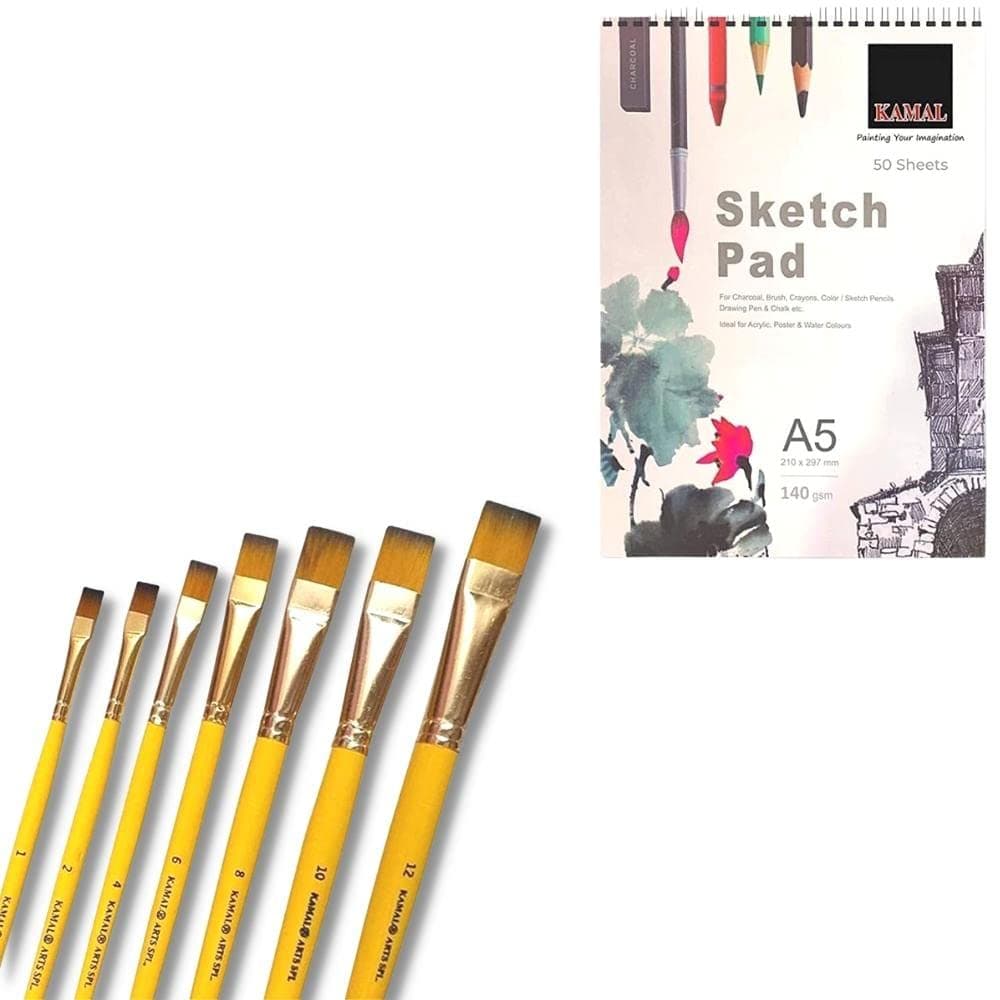 Flat Brush Set — 7 pcs · Combo · Taklon with Sketch Pad