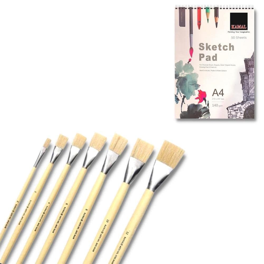 Flat Brush Set — 7 pcs · Hog Hair · Cream Handle with Sketch Pad