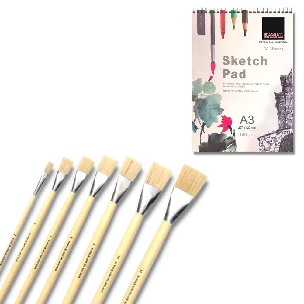 Flat Brush Set — 7 pcs · Hog Hair · Cream Handle with Sketch Pad