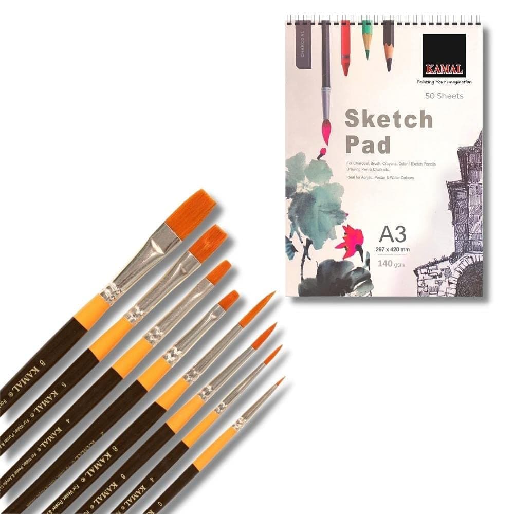 Flat Brush Set — 8 pcs with Sketch Pad