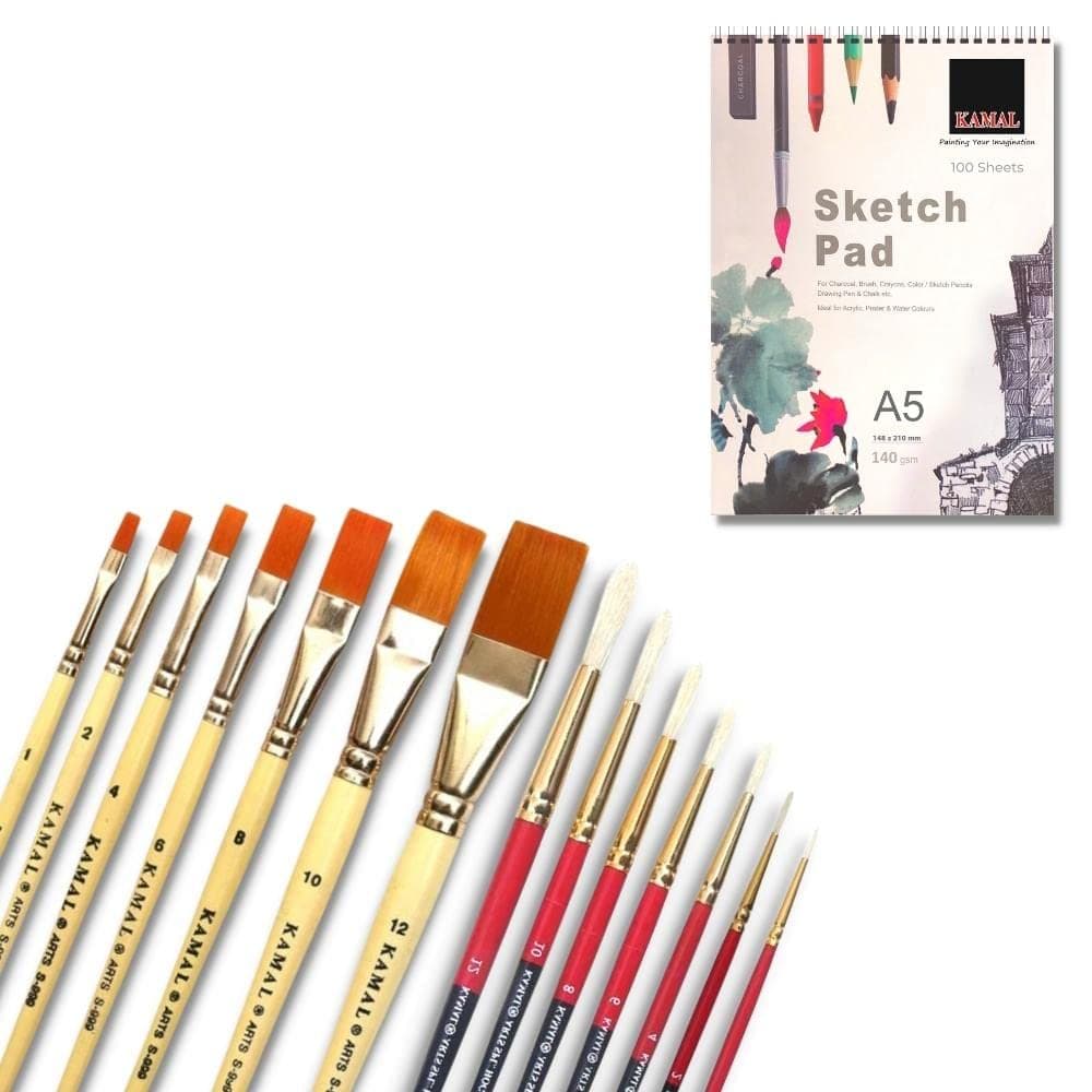 Flat Brush Set — Combo · Hog Hair · Cream Handle with Sketch Pad