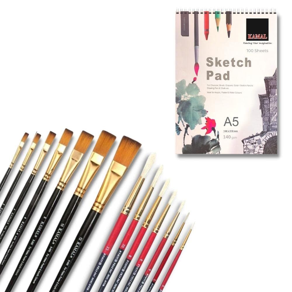 Flat Brush Set — Combo · Hog Hair · Golden-Black with Sketch Pad