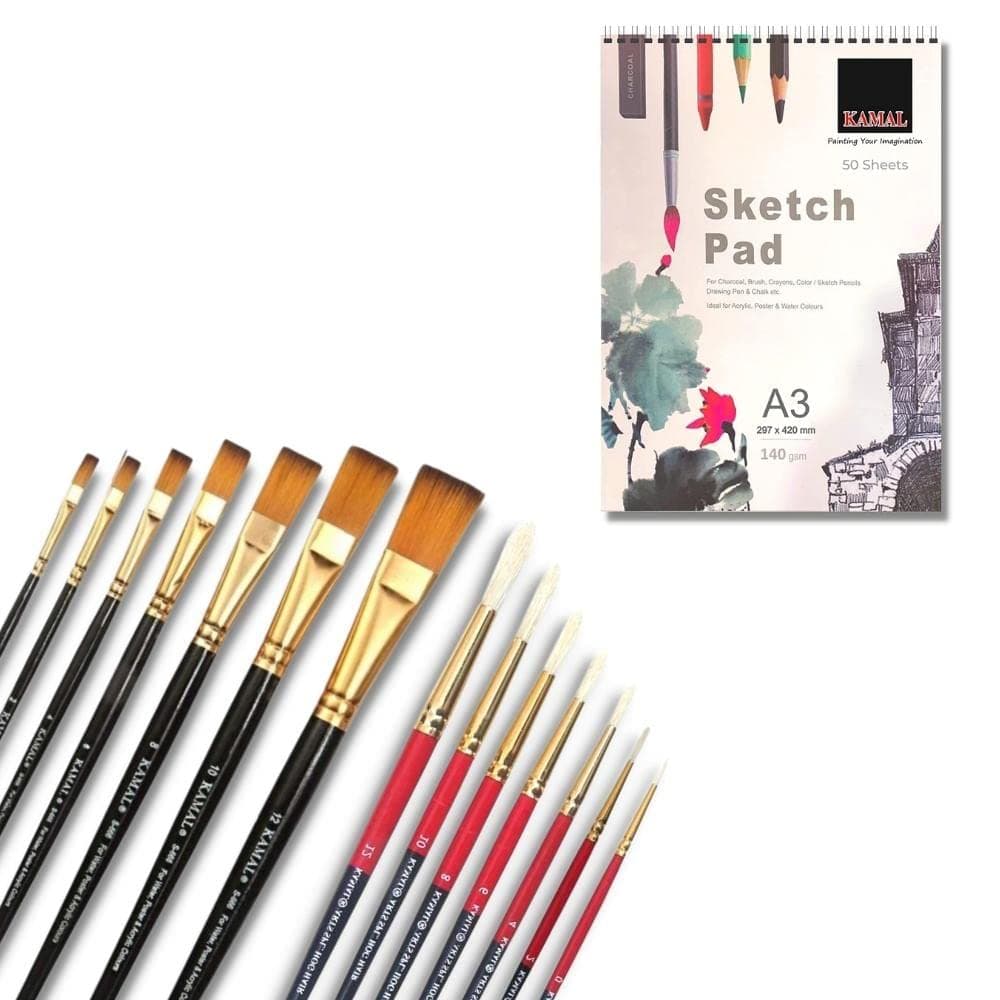 Flat Brush Set — Combo · Hog Hair · Golden-Black with Sketch Pad