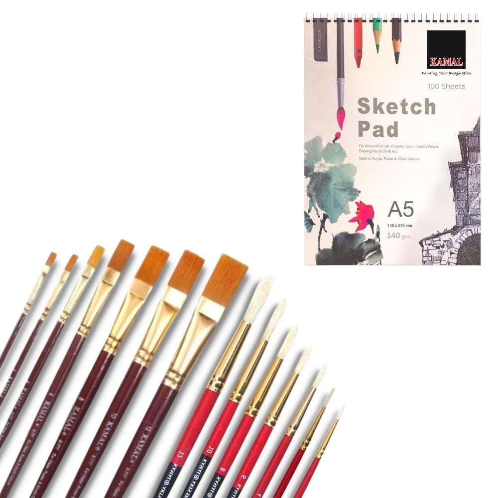 Flat Brush Set — Combo · Hog Hair · Maroon Handle with Sketch Pad