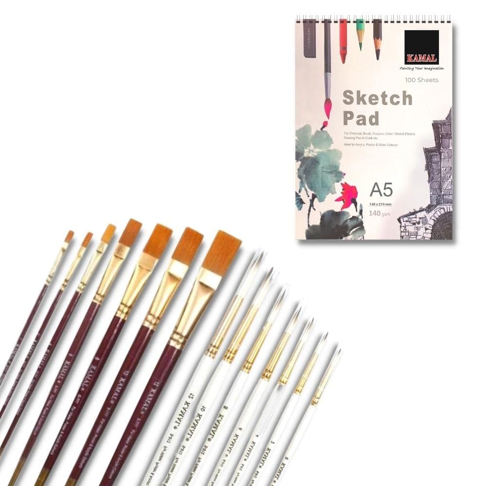 Flat Brush Set — Combo · Synthetic · White-Brown with Sketch Pad