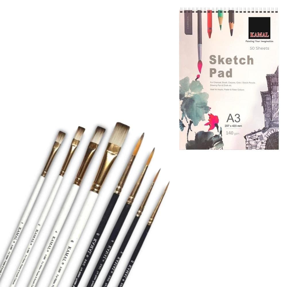 Flat Brush Set — White-Brown with Sketch Pad