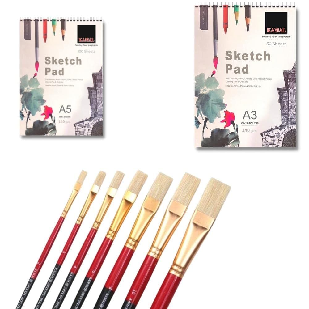 Flat Wash Brush — 7 pcs · Combo · Hog Hair with Sketch Pad